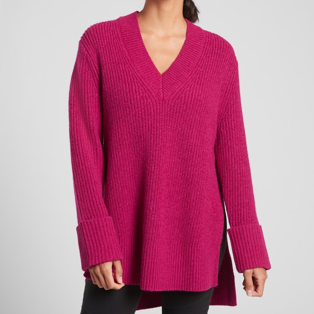 NWT Athleta Shasta V Neck Sweater, Cyclamen Marl (Hot Pink), M